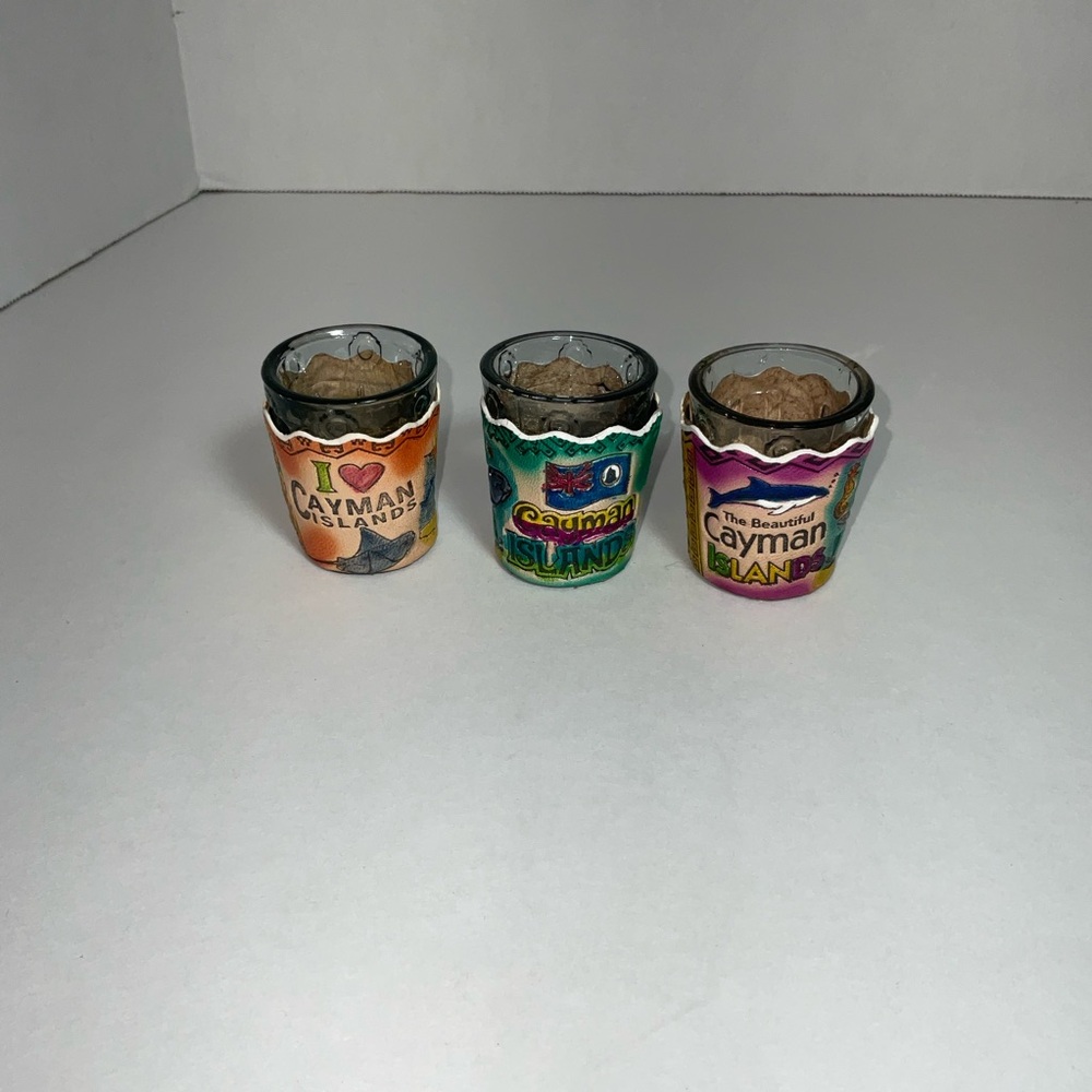 3 Shot Glasses Cayman Island With Hand Tooled Painted Leather Sleeves